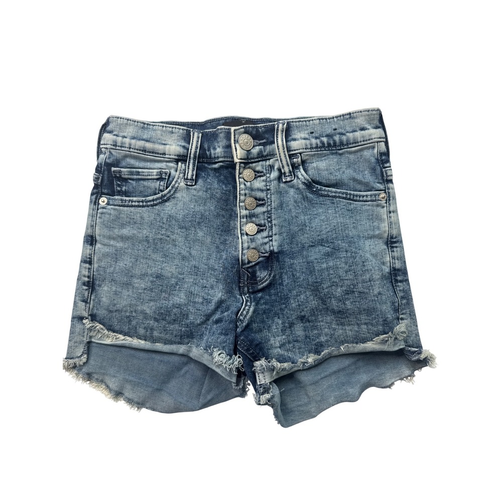 Express Shortie Denim Shorts jorts 0 Blue Acid Wash High Rise Button Fly Raw Hem